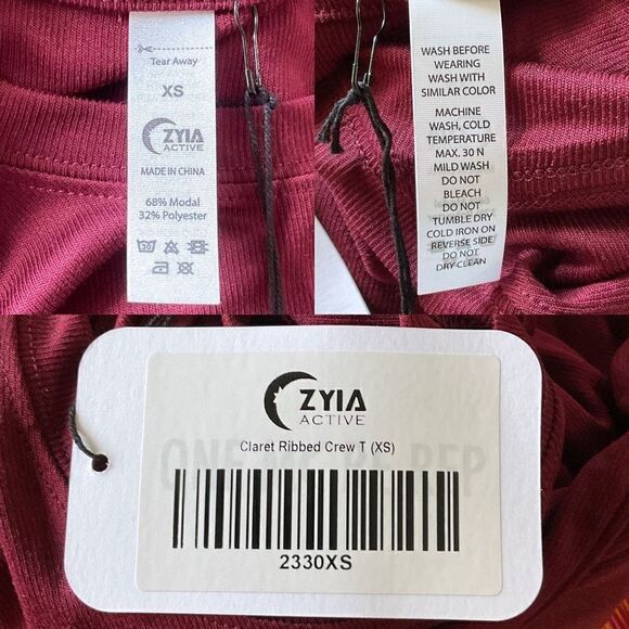 Zyia Active Red Claret Ribbed Crew T Top XS NWT - Picture 5 of 6
